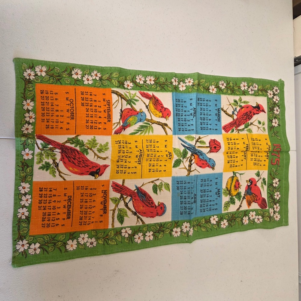 Vintage 1975 Calendar Tea Towel Songbirds Cardinals Bluebirds Linen Wall Hanging